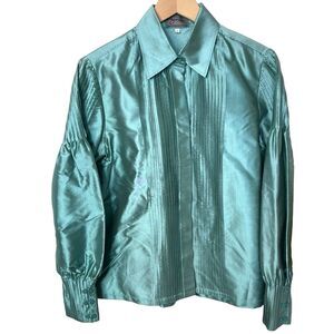 Zina Beverly Hills Thai Silk Teal Pleated Puff Long Sleeve Button Up Blouse 1